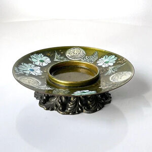 Vintage Sascha Brastoff MCM Enamel Green Floral Footed Pedestal Serving Dish